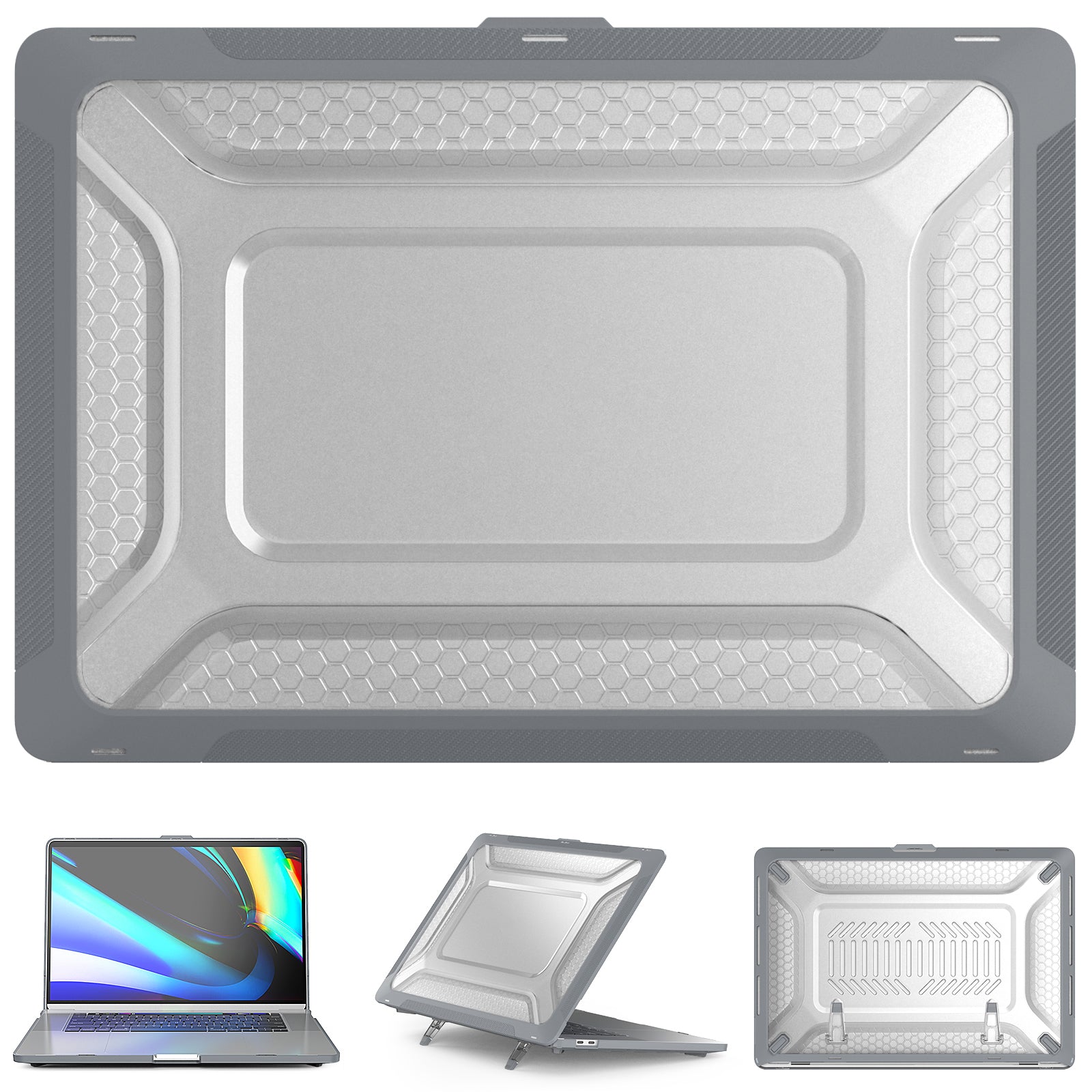 For MacBook Pro 16 inch (2019) A2141 Laptop Cover Dual Layer Hard PC Soft TPU Shell Case with Kickstand - Grey For MacBook Pro 16 inch (2019) A2141 Laptop Cover Dual Layer Hard PC Soft TPU Shell Case with Kickstand - Grey